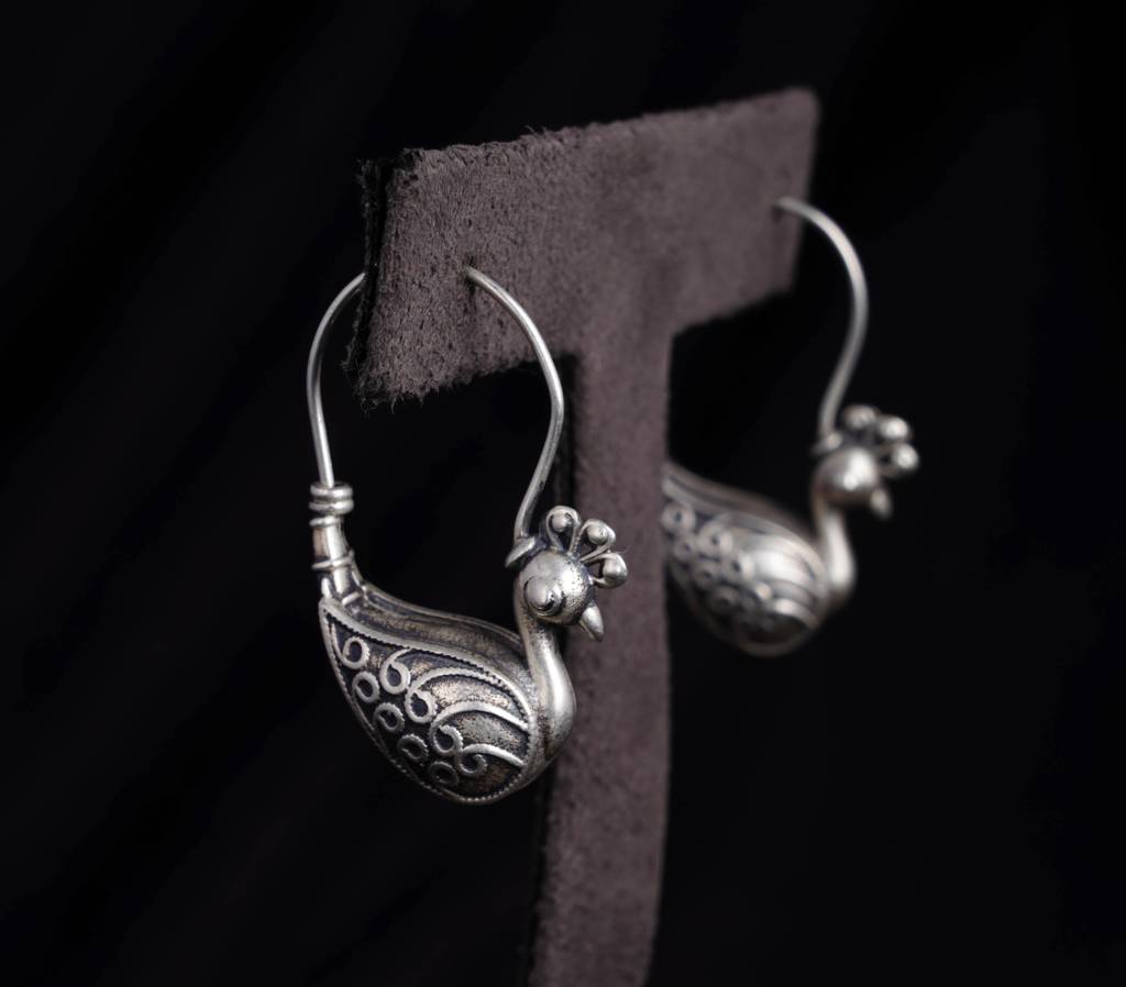 Peacock shape bali, Oxidised Silver Plated Bird Earrings , Traditional Bird Earrings