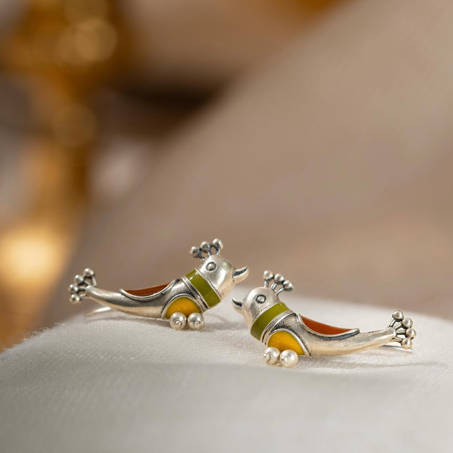 Meenakari Bird-Shaped Earrings with Oxidized Silver Plating – Traditional Indian Jewelry