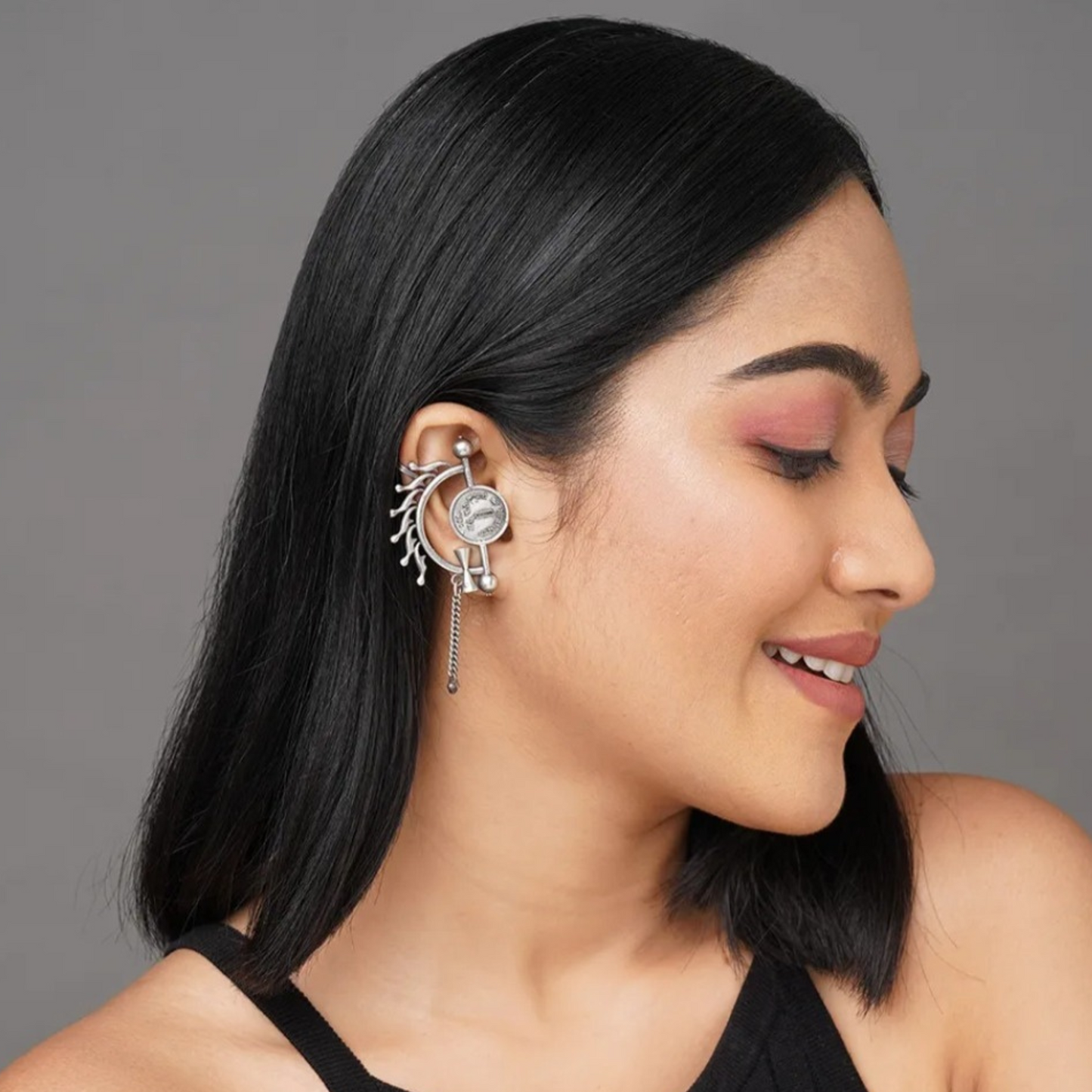 Oxidized Silver Plated Coin Ear Cuff Earrings - Vintage-Inspired Jewelry