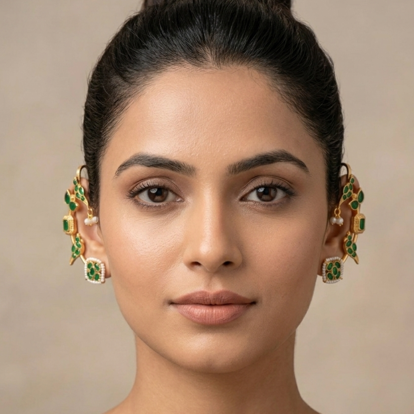 Dulcett Gold Plated Contemporary Ear Cuff Earrings (Green)