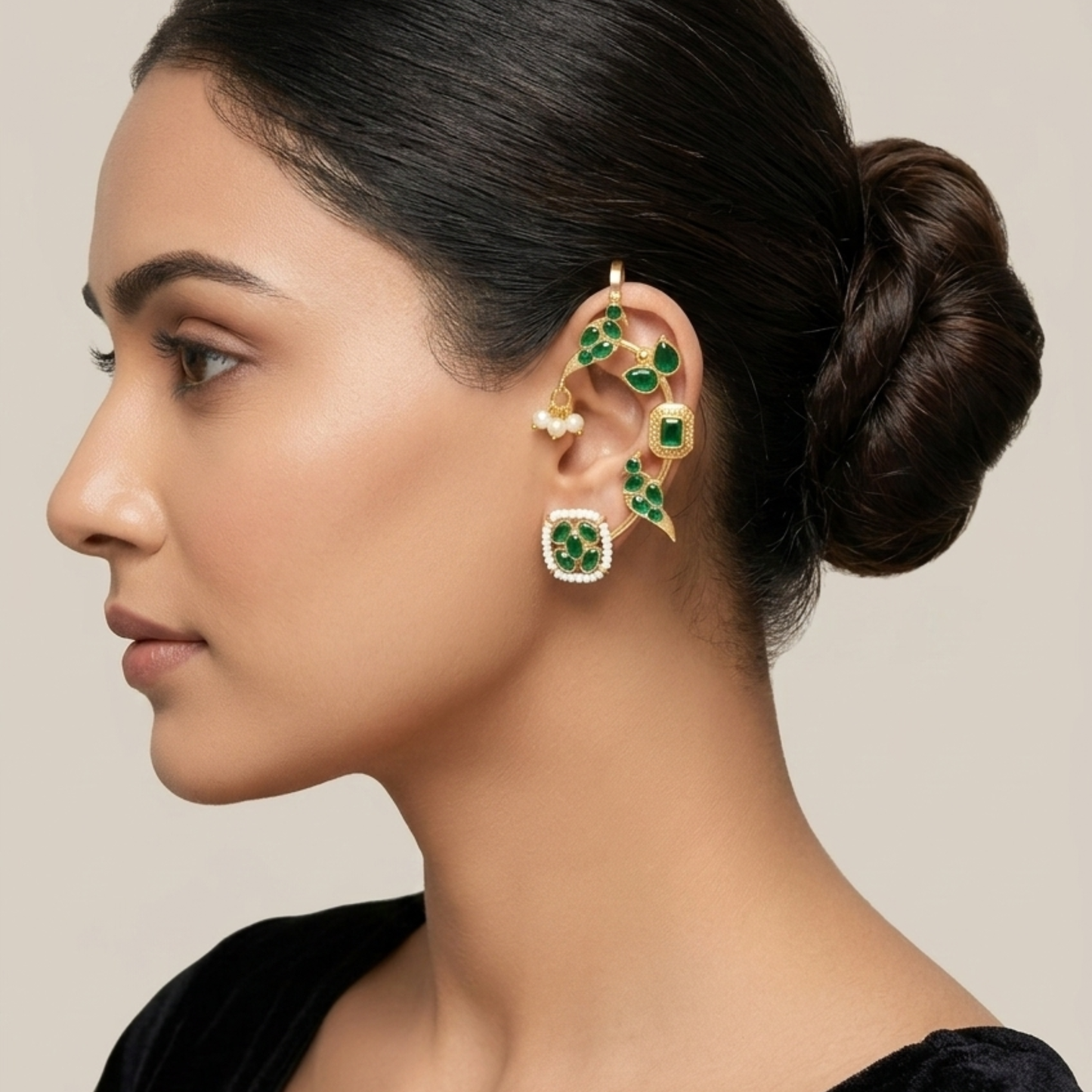 Dulcett Gold Plated Contemporary Ear Cuff Earrings (Green)