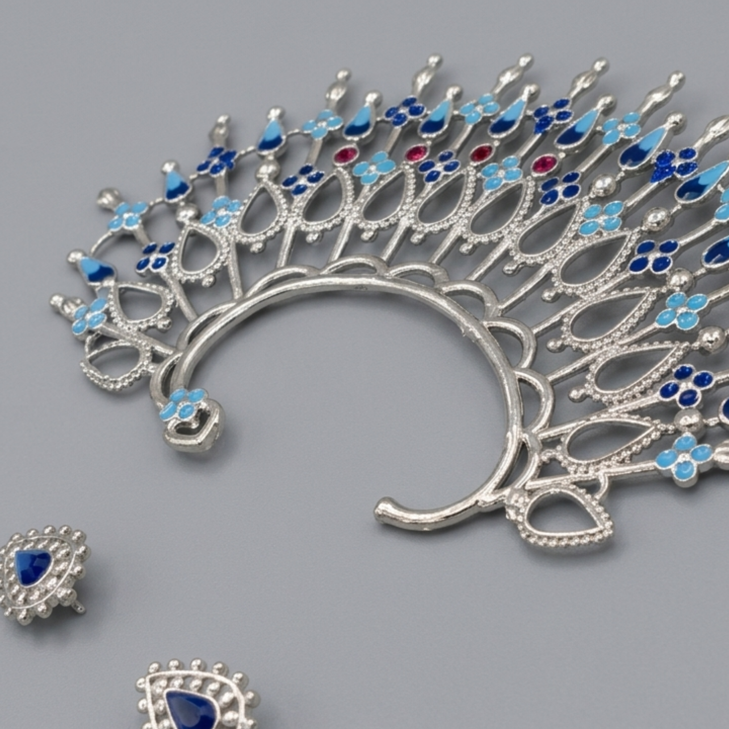 Artisan Mismatched Peacock-Inspired Ear Cuff and Stud Set – Silver-Plated Brass with Blue Enamel Detailing