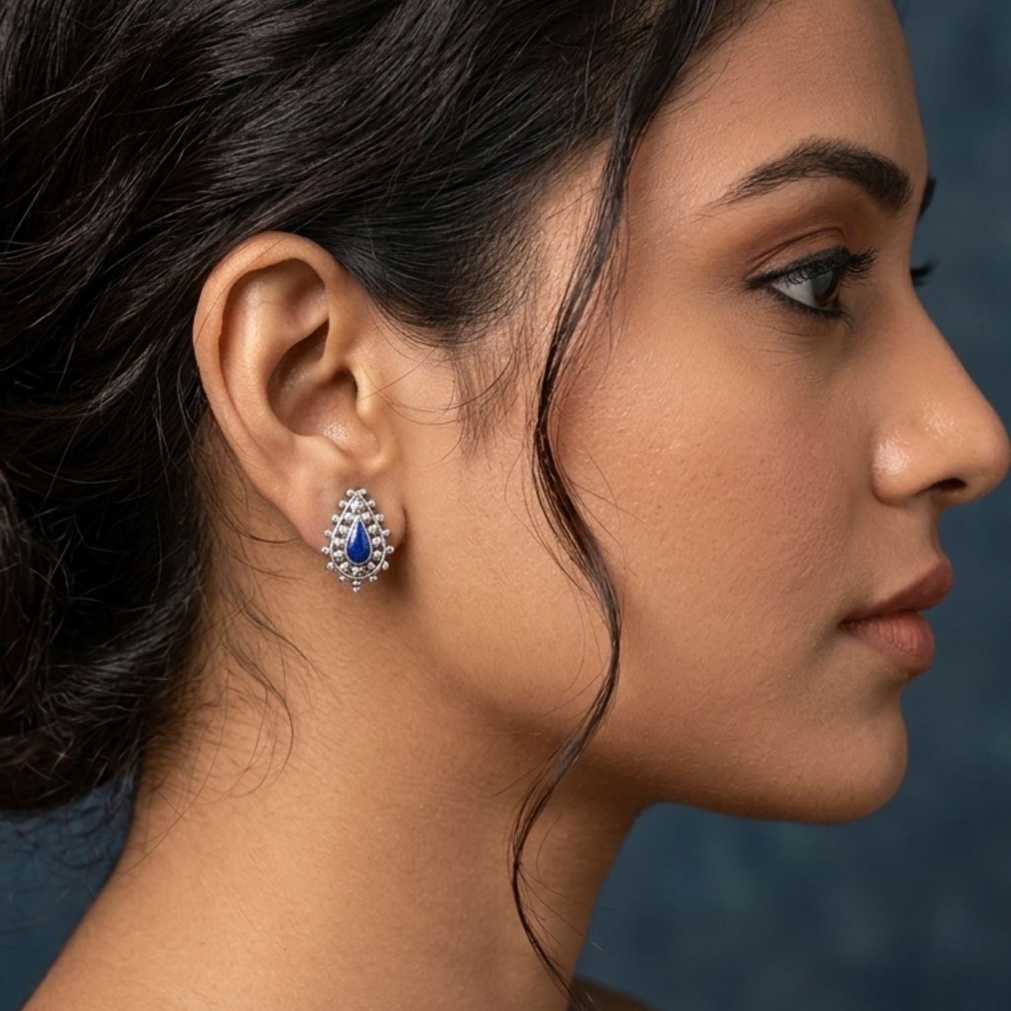 Artisan Mismatched Peacock-Inspired Ear Cuff and Stud Set – Silver-Plated Brass with Blue Enamel Detailing