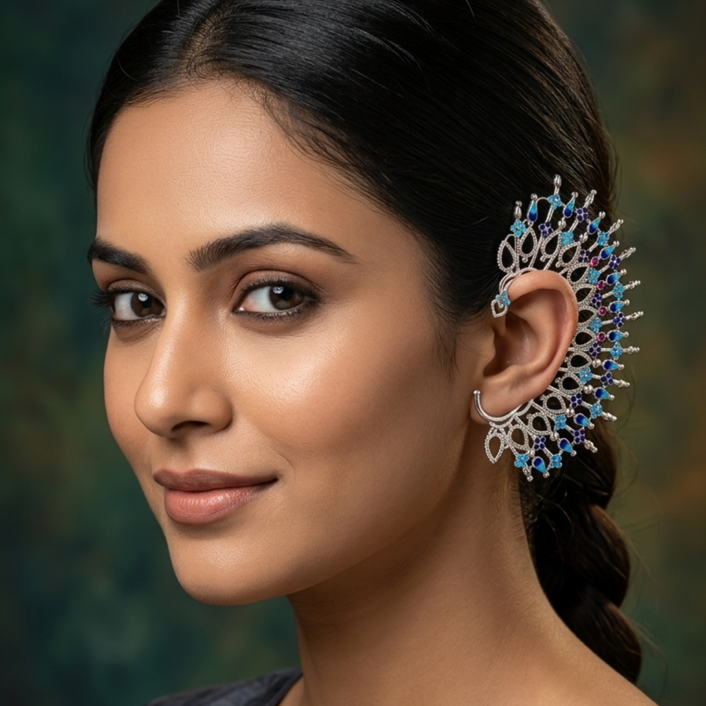 Artisan Mismatched Peacock-Inspired Ear Cuff and Stud Set – Silver-Plated Brass with Blue Enamel Detailing