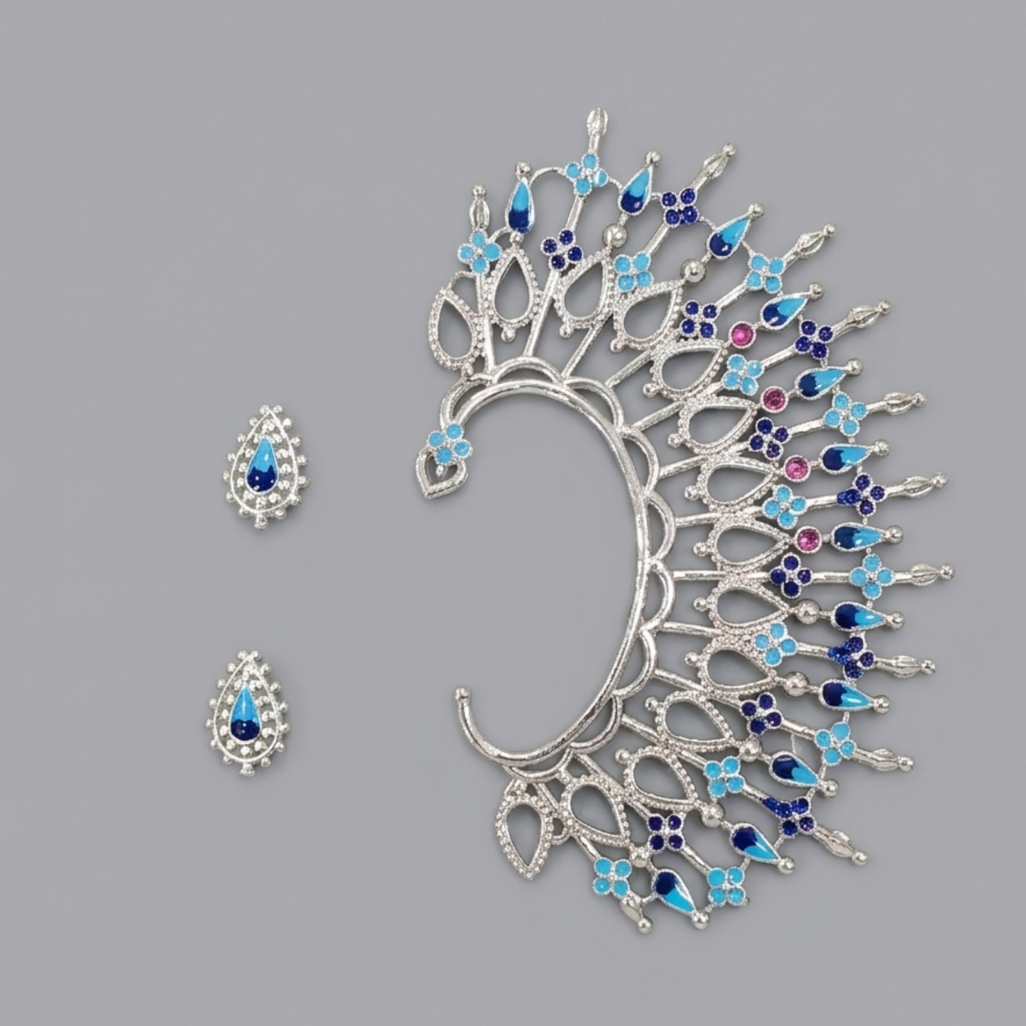 Artisan Mismatched Peacock-Inspired Ear Cuff and Stud Set – Silver-Plated Brass with Blue Enamel Detailing