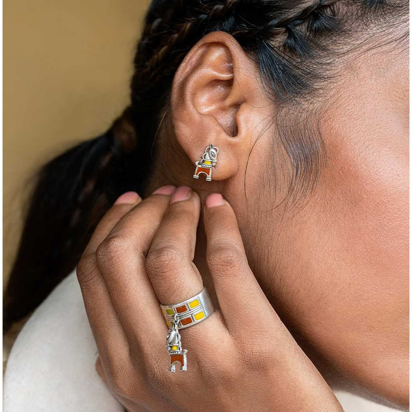 Dulcett Oxidized Meenakari Horse-Shaped Brass Metal Tiny Stud Earrings : Traditional Small Studs for Women