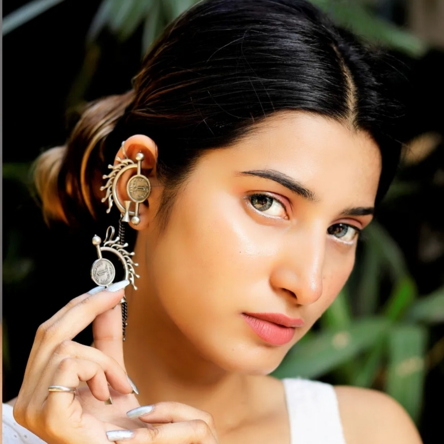 Coin Shape Unique Ear Cuff Earrings : Oxidized Silver Earrings