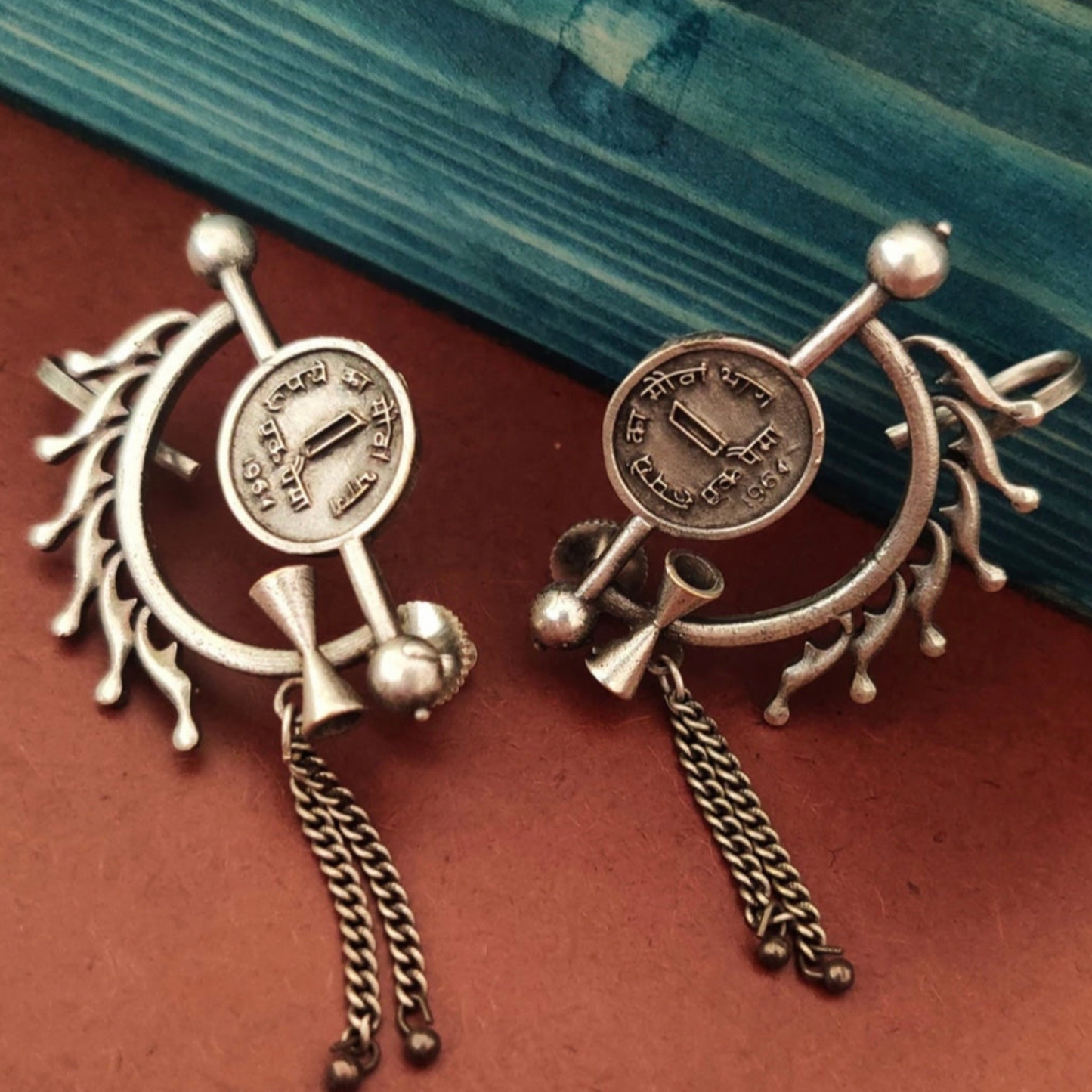 Coin Shape Unique Ear Cuff Earrings : Oxidized Silver Earrings