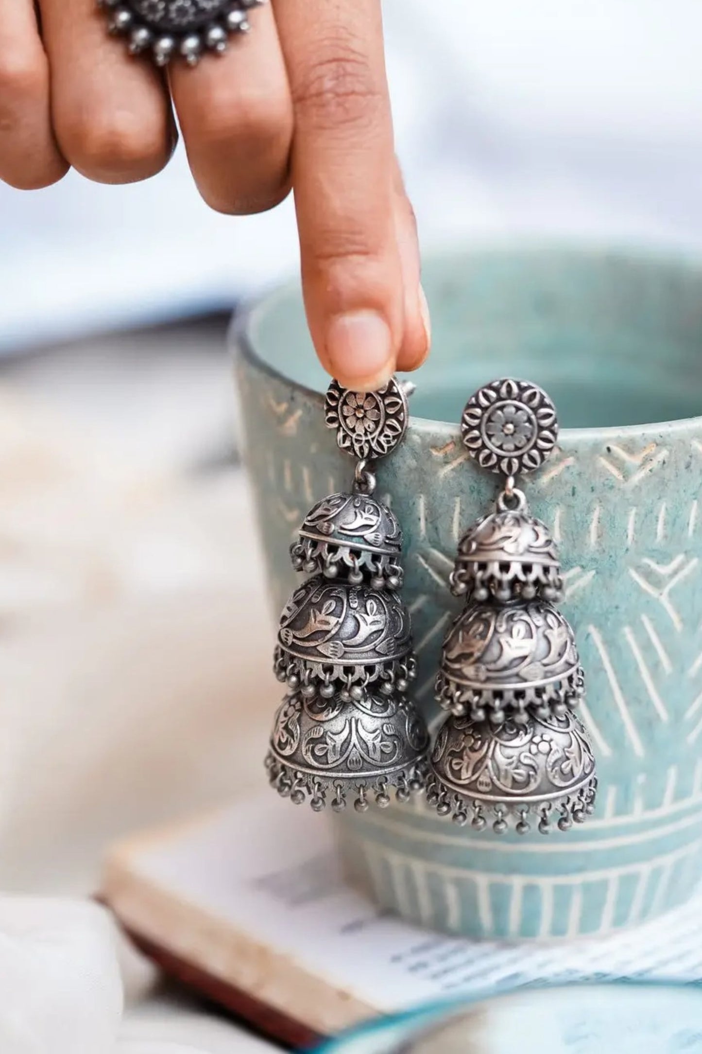Dulcett Oxidised Jhumka Earrings : Ethnic Style Layered Jhumka