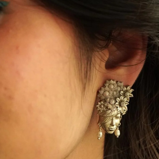Dulcett Oxidised Silver Face Earrings – Handcrafted Nature-Inspired Design