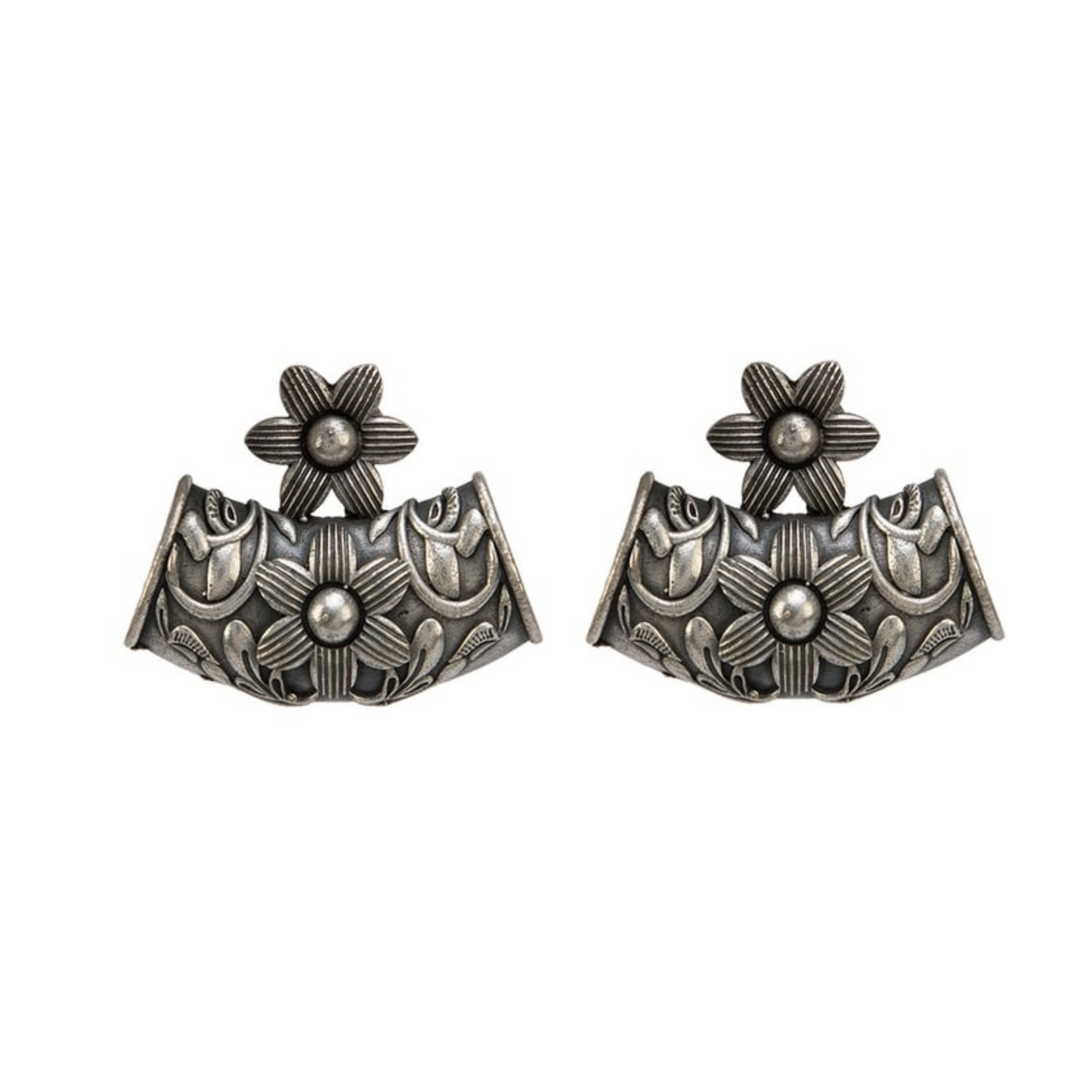 Dulcett Floral Oxidized Silver Stud Earrings - Elegant Vintage Design