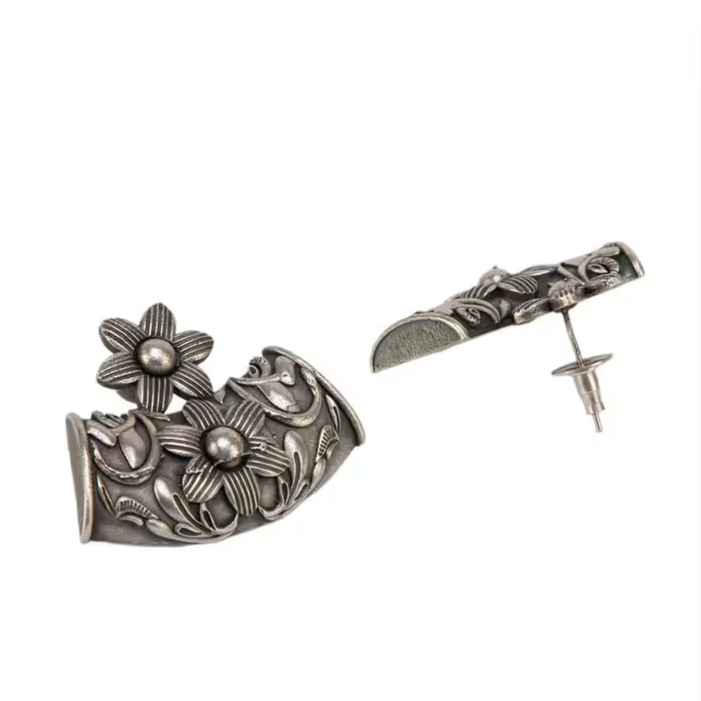 Dulcett Floral Oxidized Silver Stud Earrings - Elegant Vintage Design