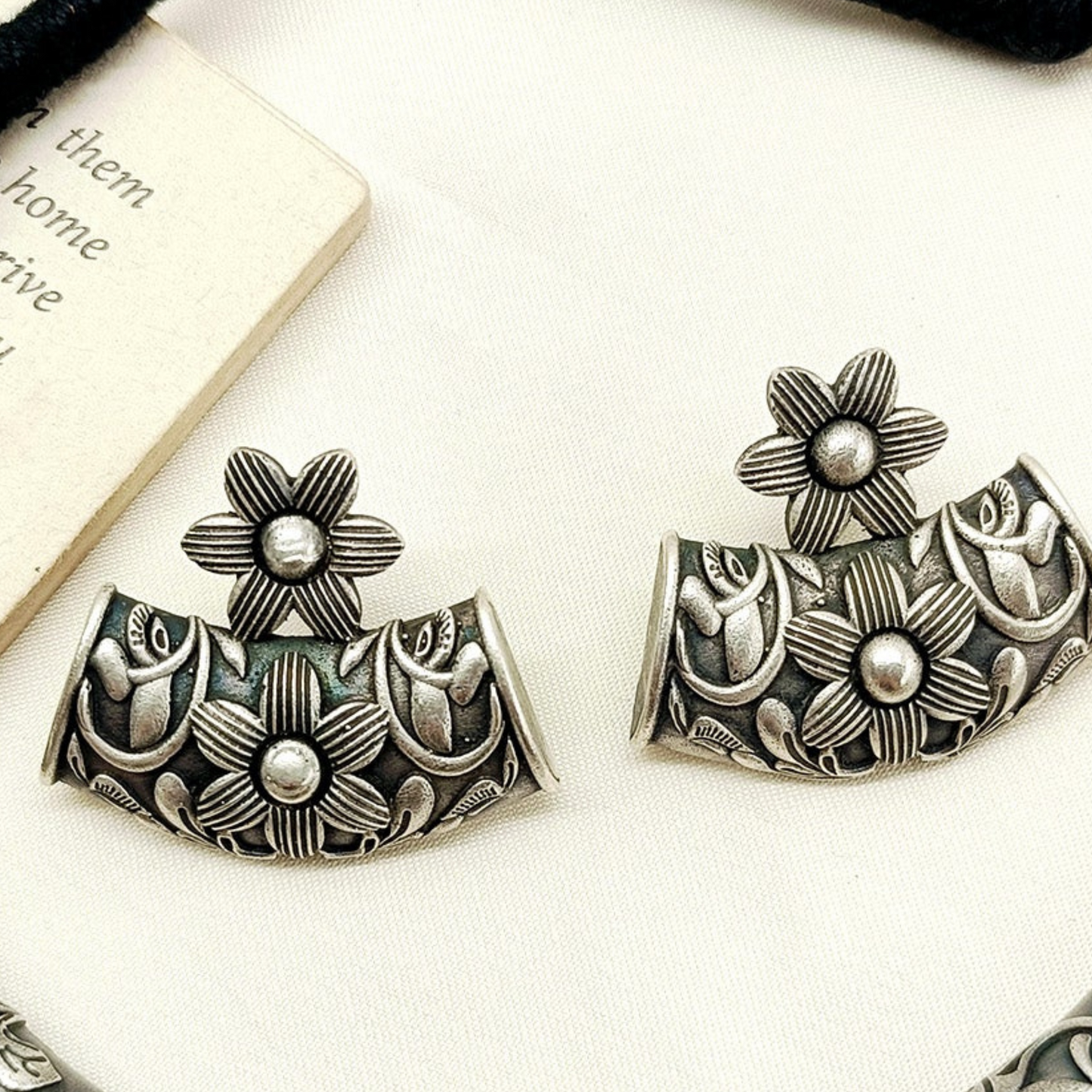 Dulcett Floral Oxidized Silver Stud Earrings - Elegant Vintage Design