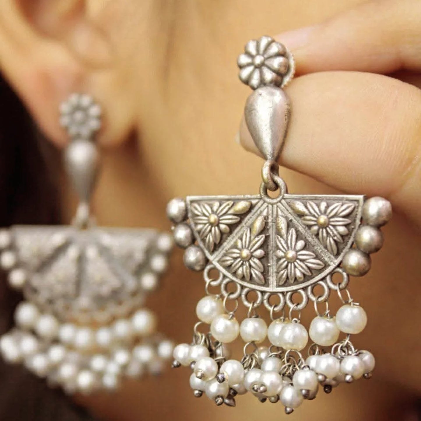 Pearl Drop Oxidized Earrings - Elegant Vintage Jewelry for Women