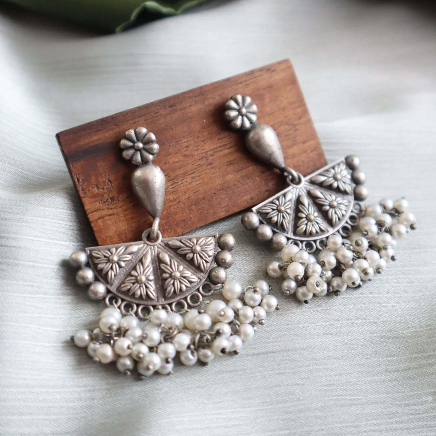 Pearl Drop Oxidized Earrings - Elegant Vintage Jewelry for Women