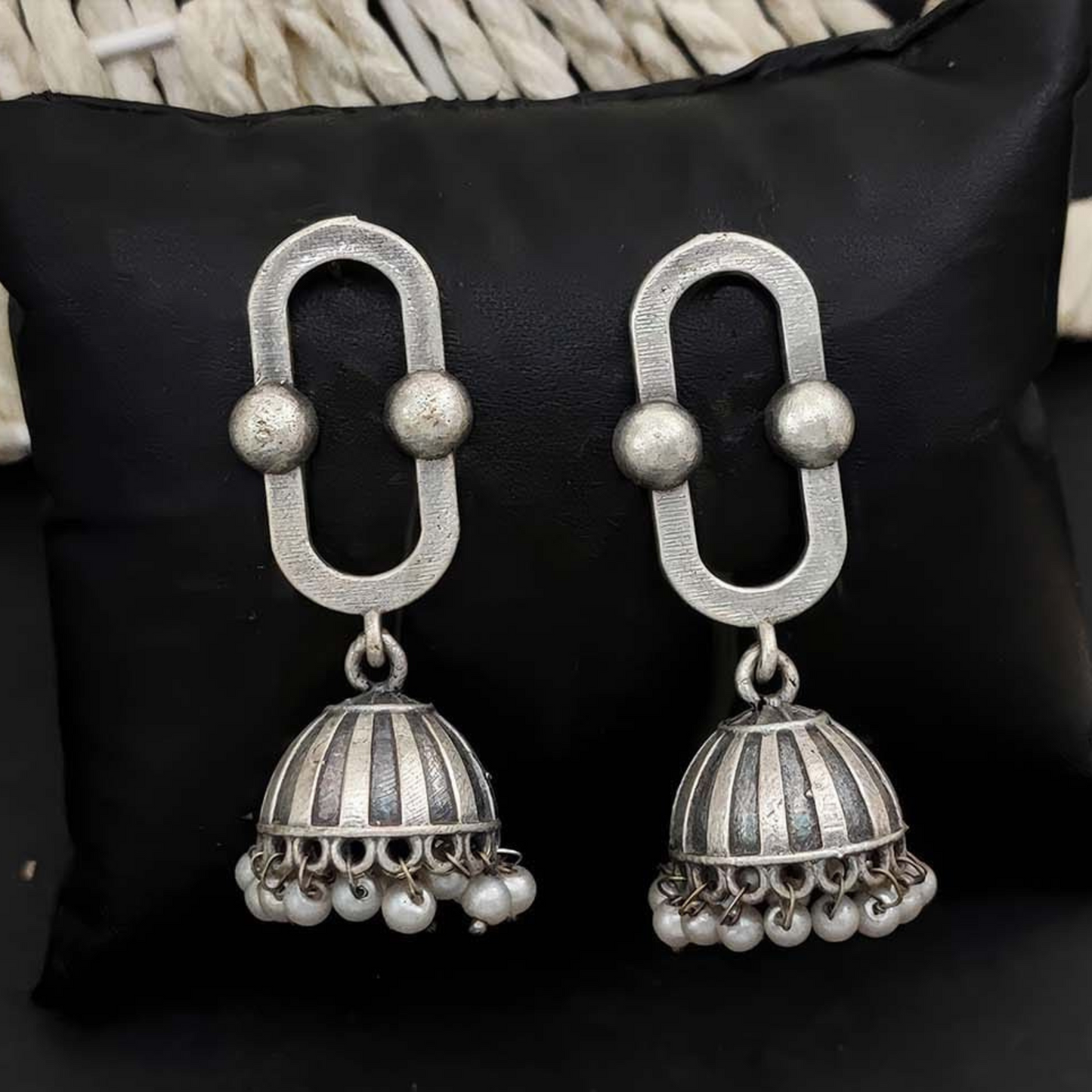Oxidized Small Jhumka Earrings with Pearls - Traditional & Elegant Jewelry