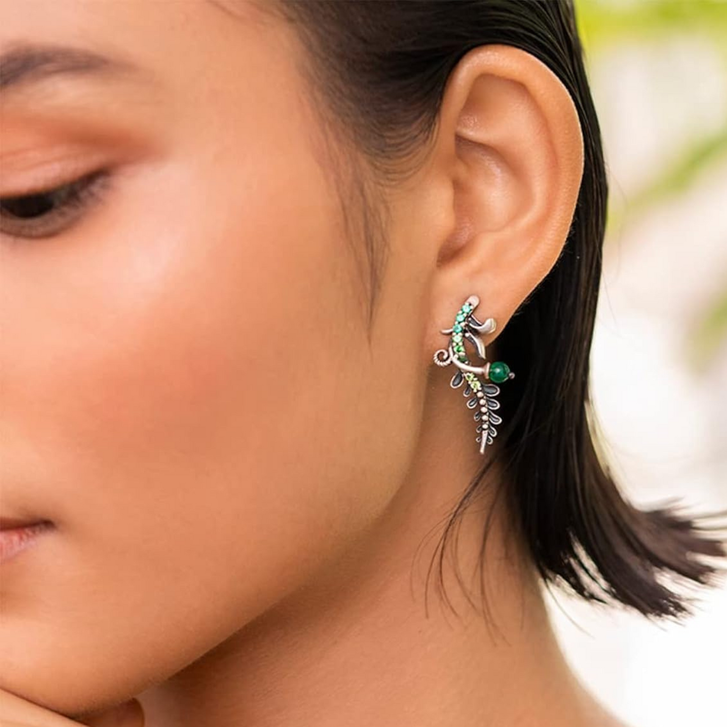 Green Stone Silver Oxidized Earrings - Elegant & Vintage-Inspired Jewelry