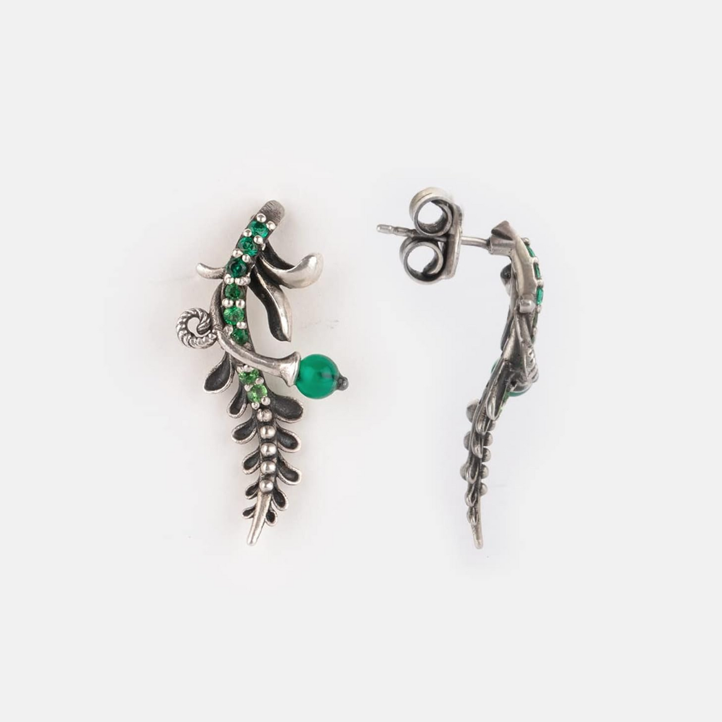 Green Stone Silver Oxidized Earrings - Elegant & Vintage-Inspired Jewelry