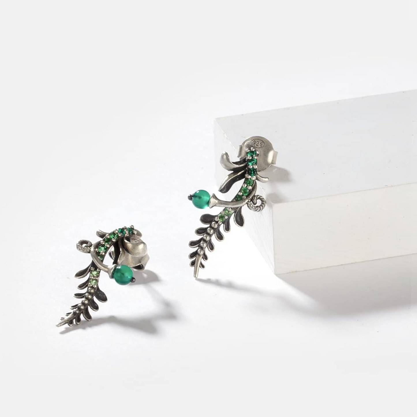 Green Stone Silver Oxidized Earrings - Elegant & Vintage-Inspired Jewelry