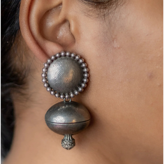 Tribal Oxidized Silver Plated Round Drop Earrings - Bold & Unique Jewelry