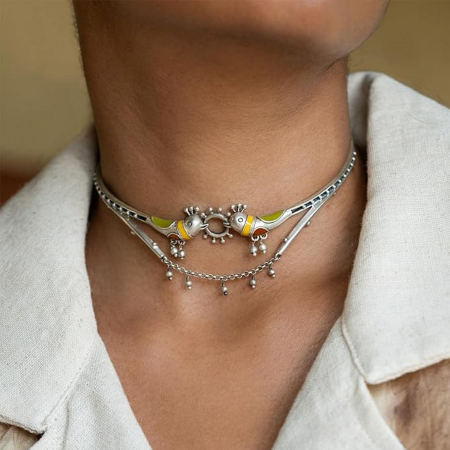 Oxidized Silver Necklace/ Silver Meenakari Necklace/ Afghani Jewelry / Boho Necklace/ Bollywood Jewelry, Indian Hand painted Necklace