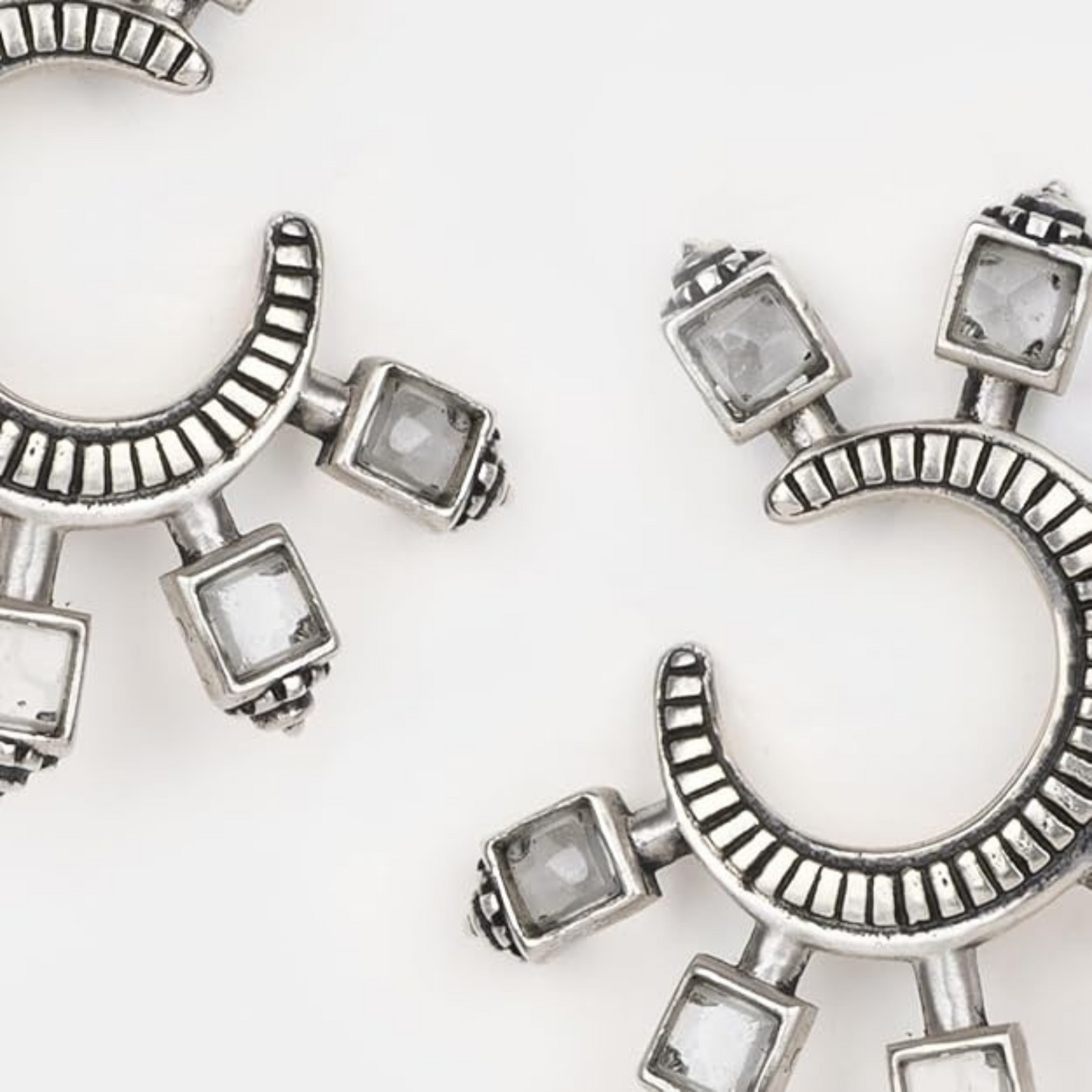 Crescent Shape Silver Earrings with Polki