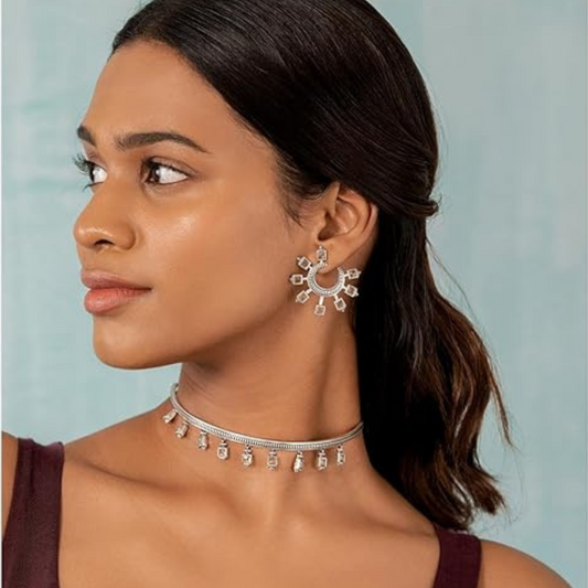 Crescent Shape Silver Earrings with Polki