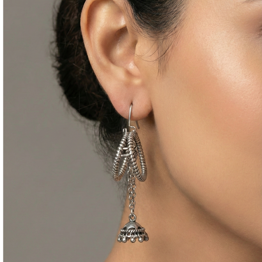 Oxidized Silver Jhumka Earrings – Boho Tribal Drop Dangles with Twisted Hoop and Chain Detail