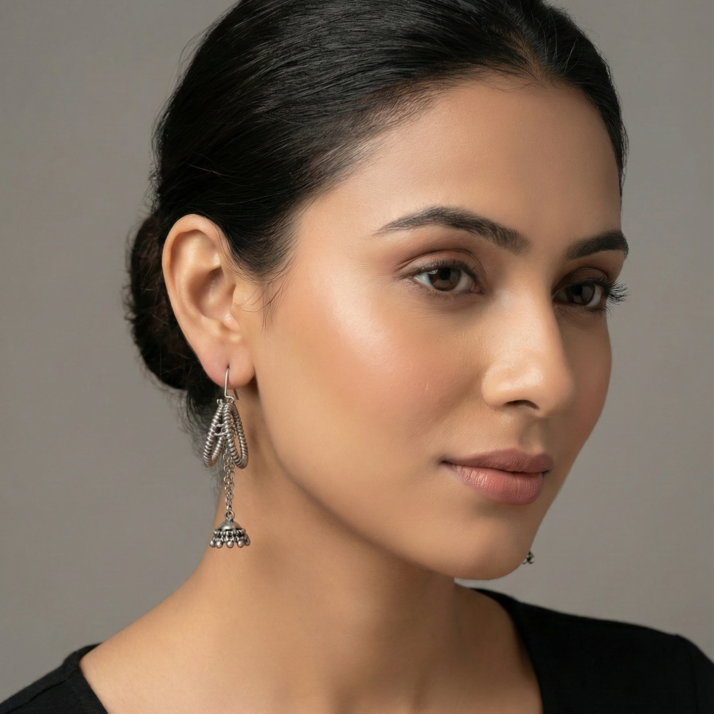 Oxidized Silver Jhumka Earrings – Boho Tribal Drop Dangles with Twisted Hoop and Chain Detail