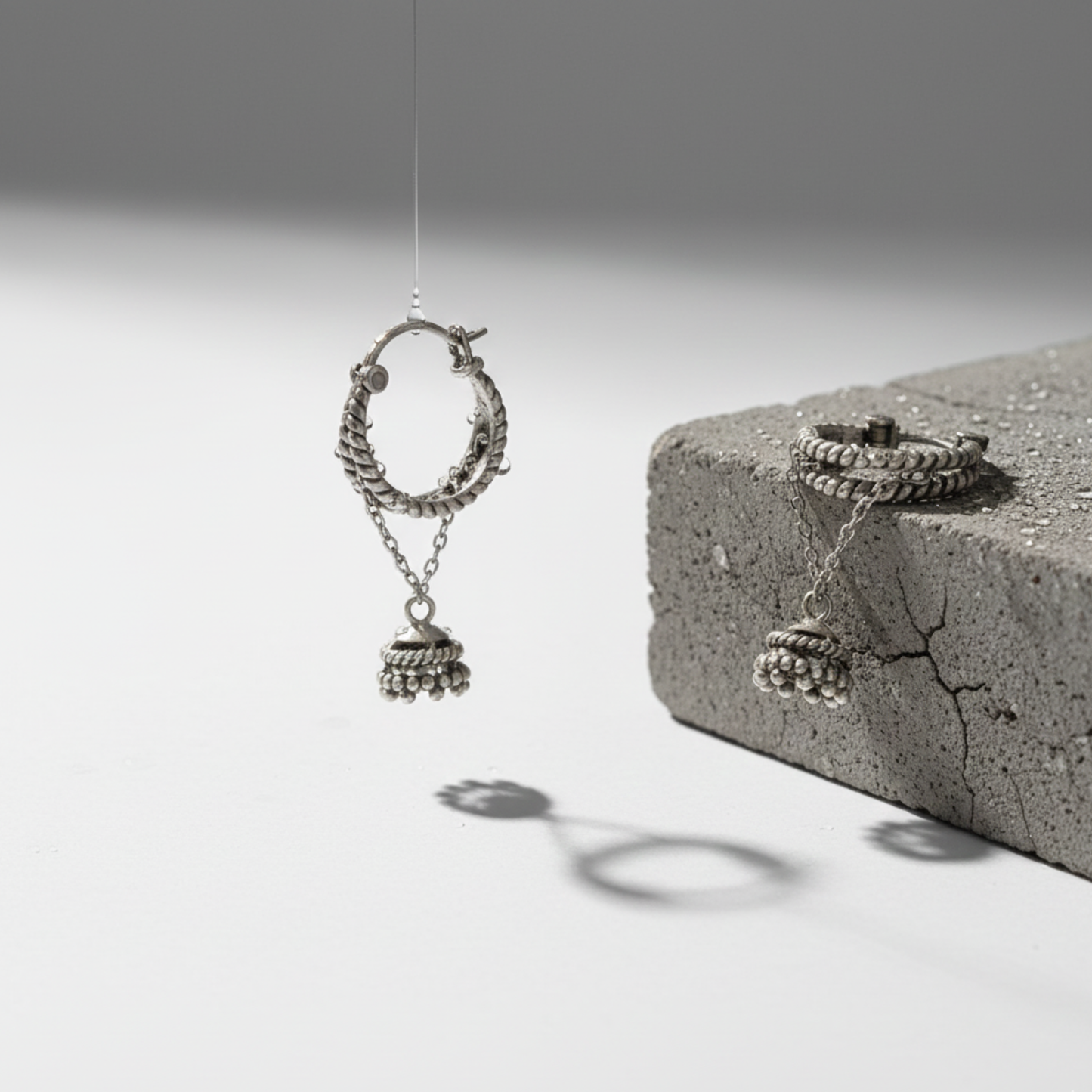 Oxidized Silver Jhumka Earrings – Boho Tribal Drop Dangles with Twisted Hoop and Chain Detail