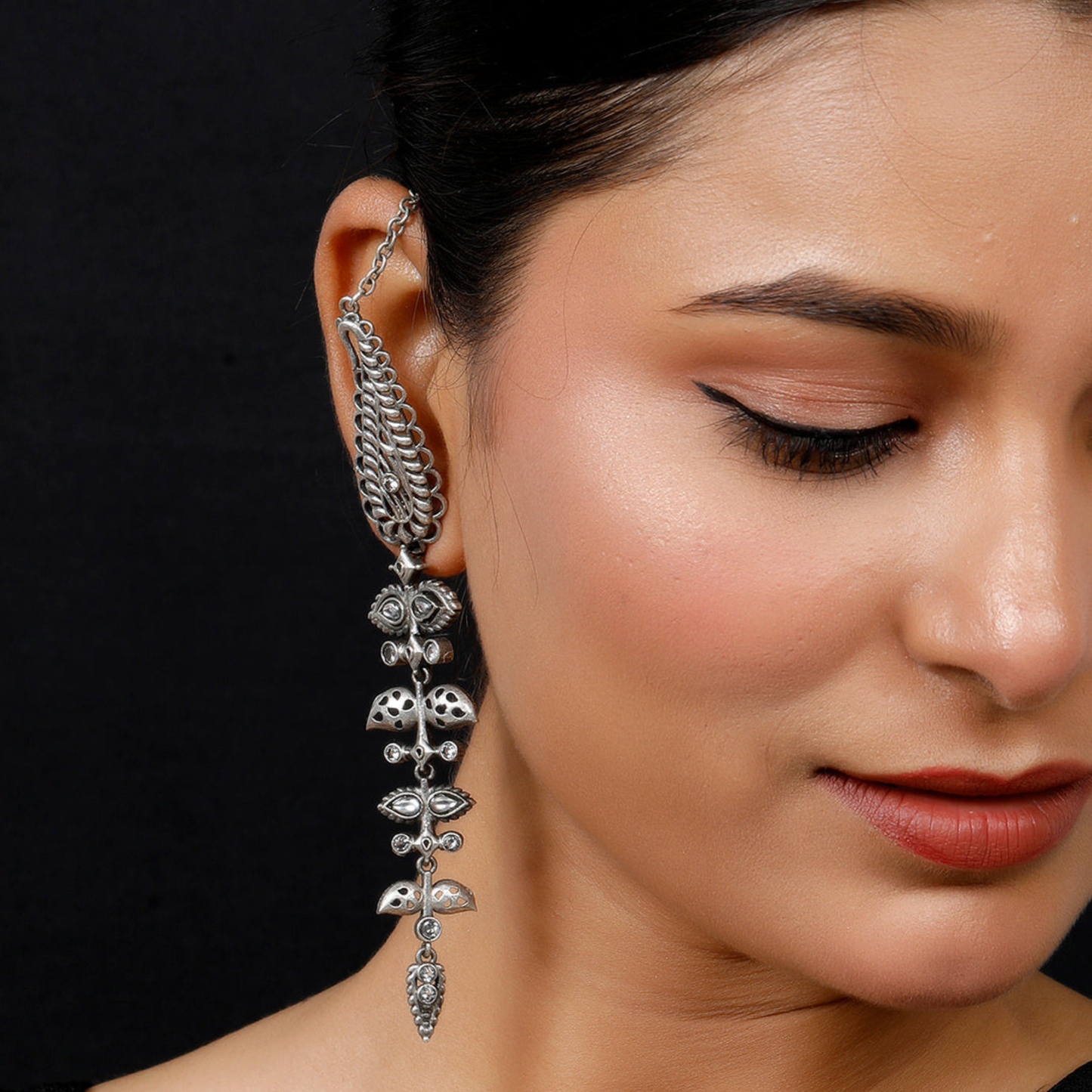 Silver Plated Oxidised Contemporary Drop Kanauti Earrings