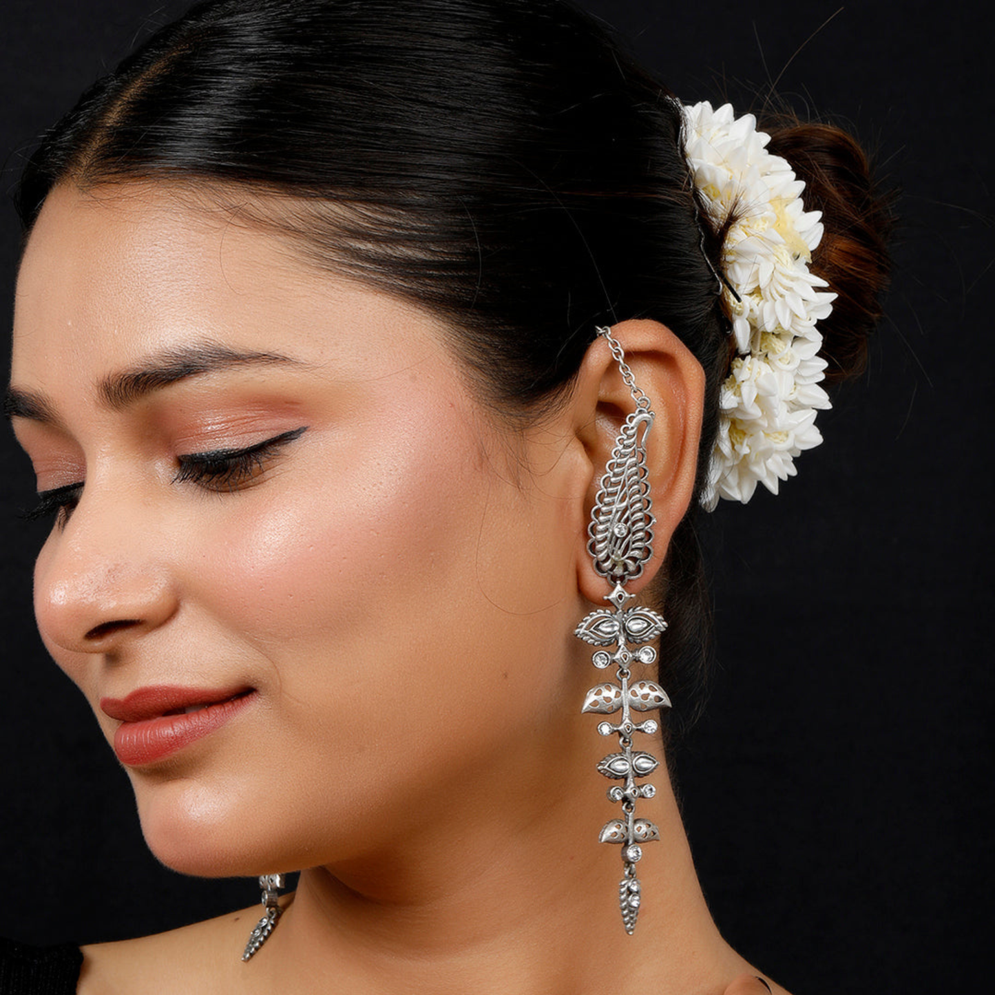 Silver Plated Oxidised Contemporary Drop Kanauti Earrings