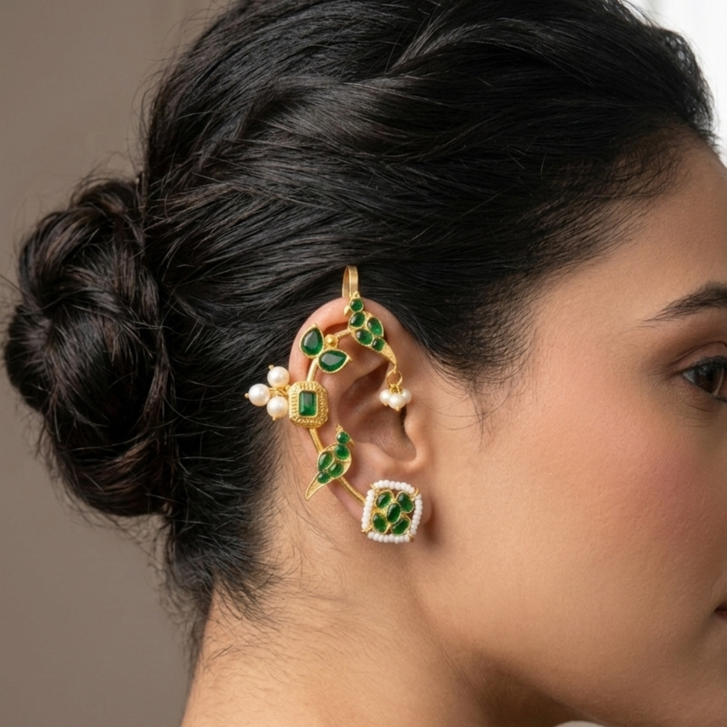 Dulcett Gold Plated Contemporary Ear Cuff Earrings (Green)