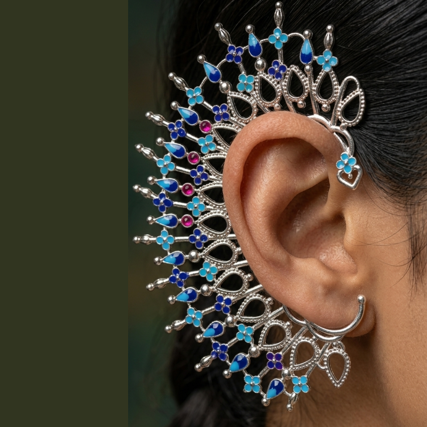 Artisan Mismatched Peacock-Inspired Ear Cuff and Stud Set – Silver-Plated Brass with Blue Enamel Detailing