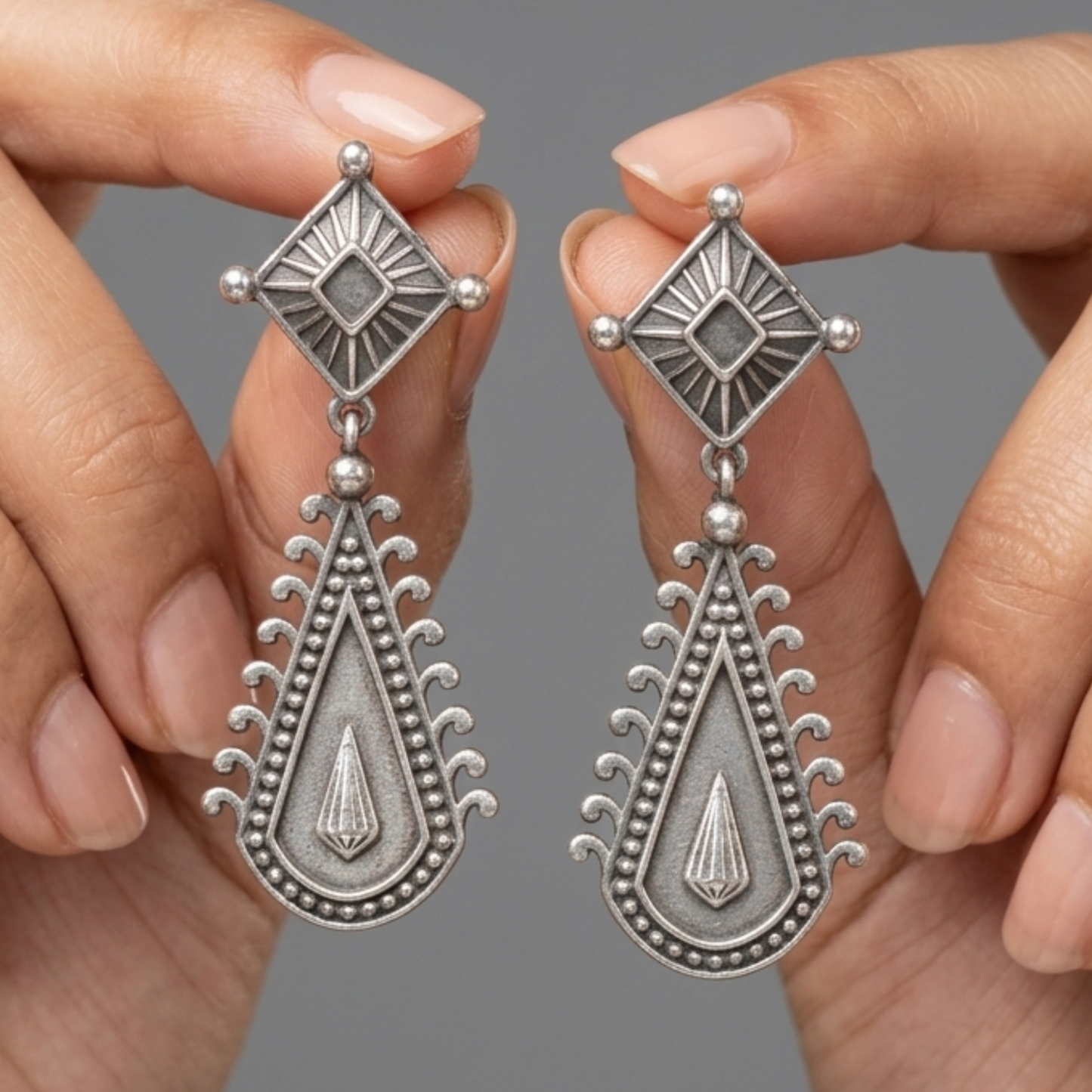 Dulcett Vintage Geometric Teardrop Oxidised Earrings