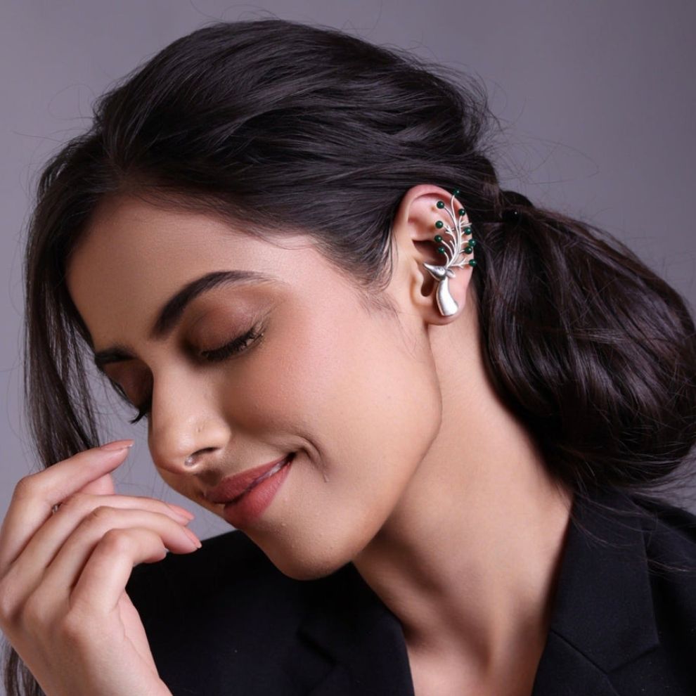 Unique Green Stone Ear Cuff Earrings