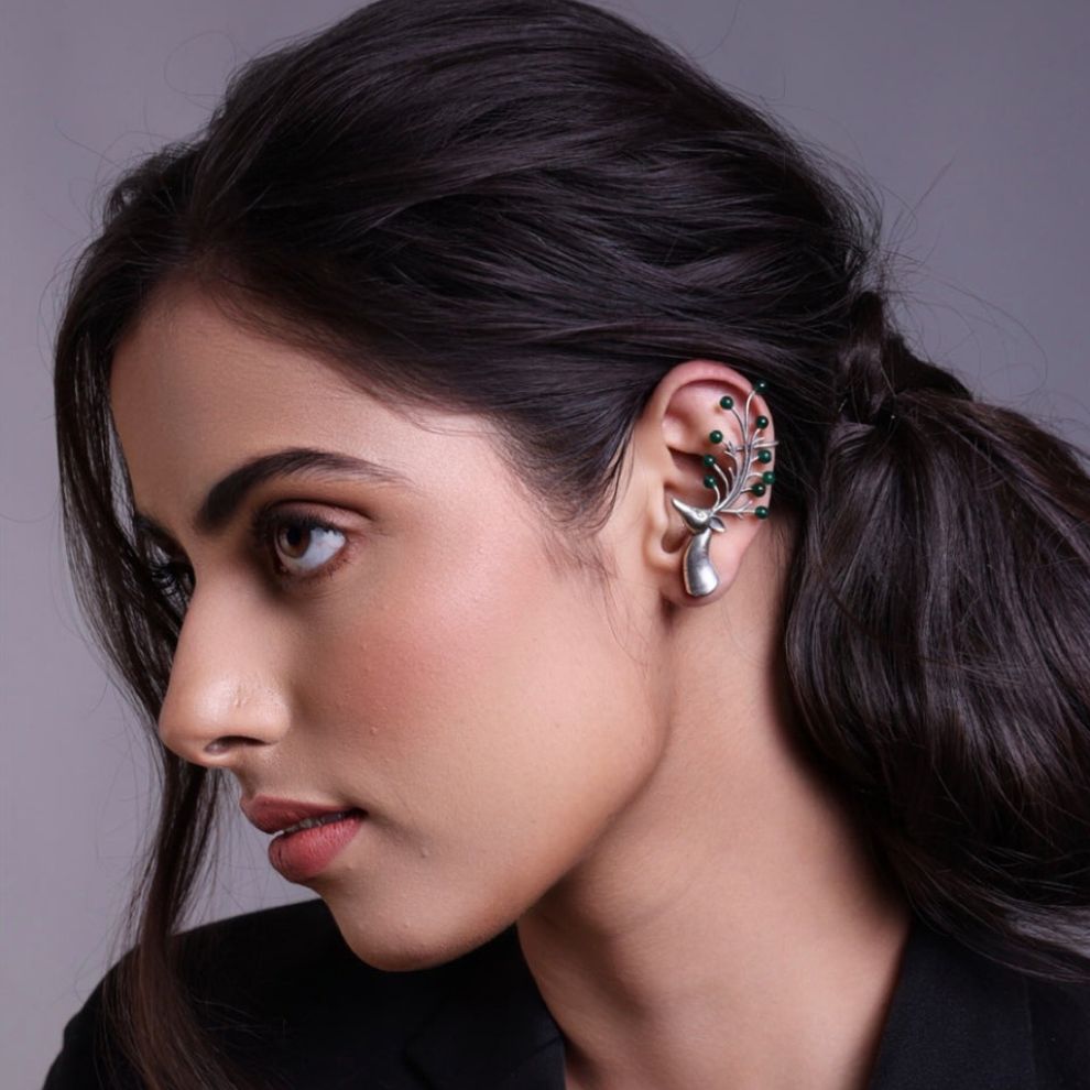 Unique Green Stone Ear Cuff Earrings