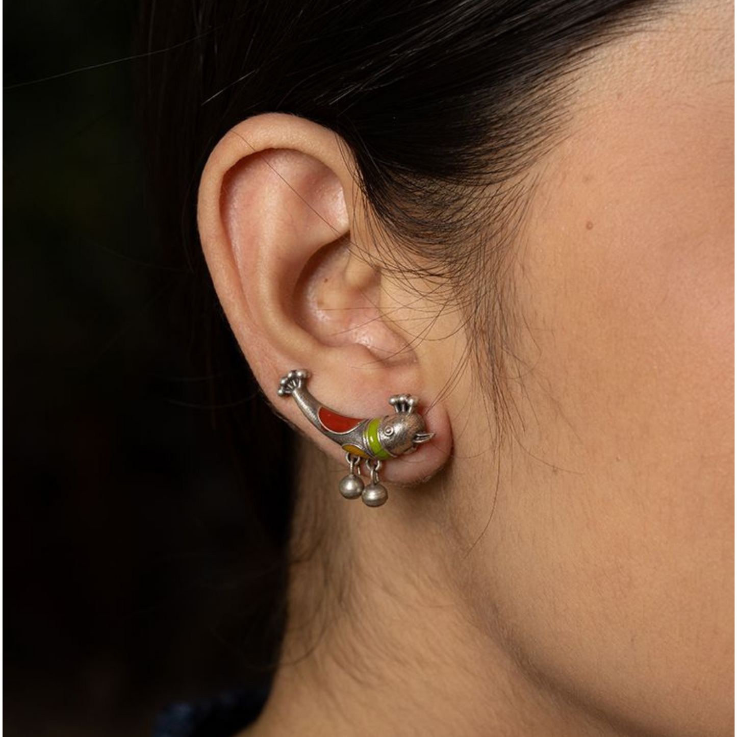 Meenakari Bird-Shaped Earrings with Oxidized Silver Plating – Traditional Indian Jewelry
