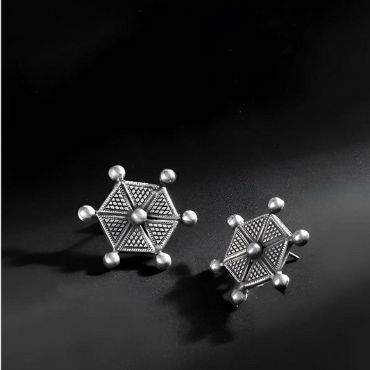 Dulcett Hexagon Shape Oxidised Stud Earrings: Elegant Silver Jewelry for Modern Style