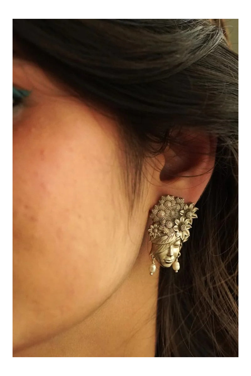 Dulcett Oxidised Silver Face Earrings – Handcrafted Nature-Inspired Design