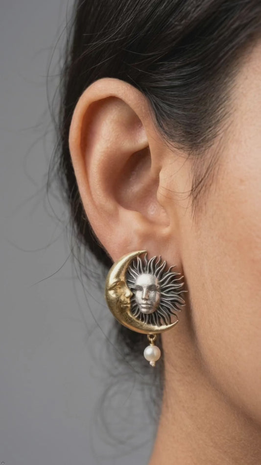 Celestial Sun and Moon Pearl Drop Earrings | Two-Tone Vintage Boho Jewelry