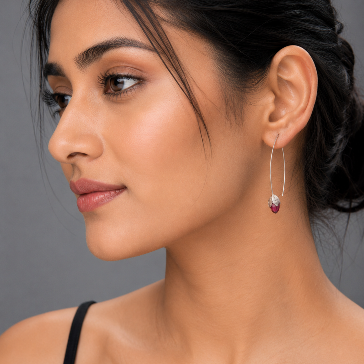 Silver Tulip Wire Drop Earrings with Ruby Red Crystal | Botanical Dangle Earrings