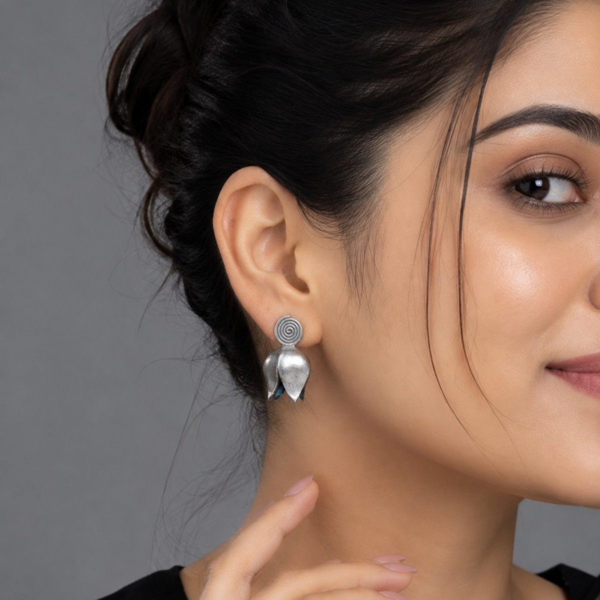 Oxidized Silver Spiral Tulip Stud Earrings | Handmade Floral Bud Earrings