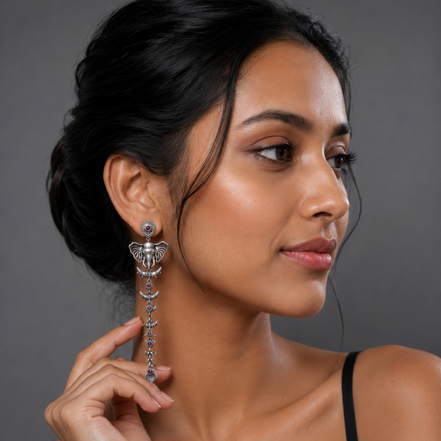 Vintage Oxidized Silver Elephant Dangle Earrings with Ruby-Red Stones – Tribal Boho Statement Long Drop Earrings