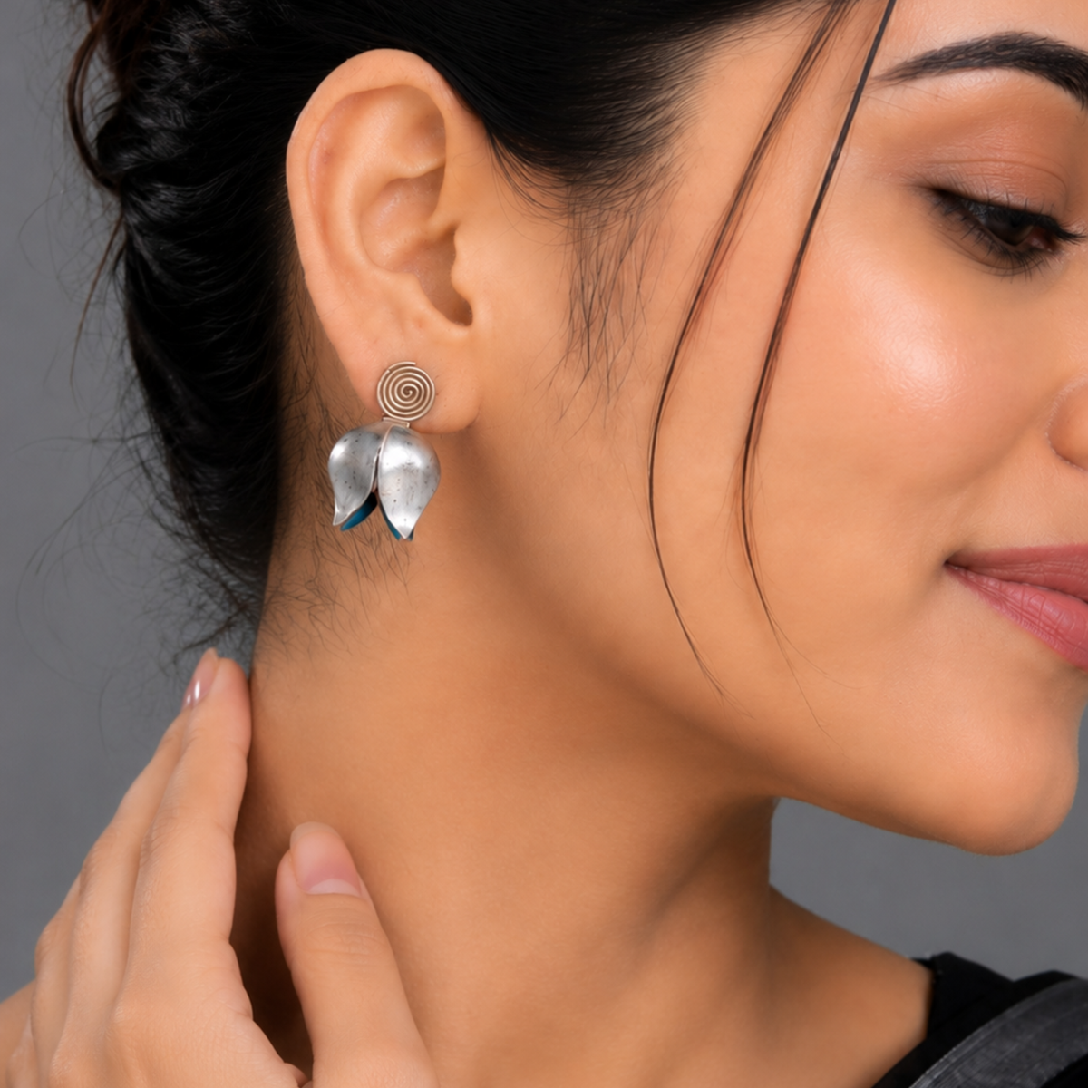 Oxidized Silver Spiral Tulip Stud Earrings | Handmade Floral Bud Earrings