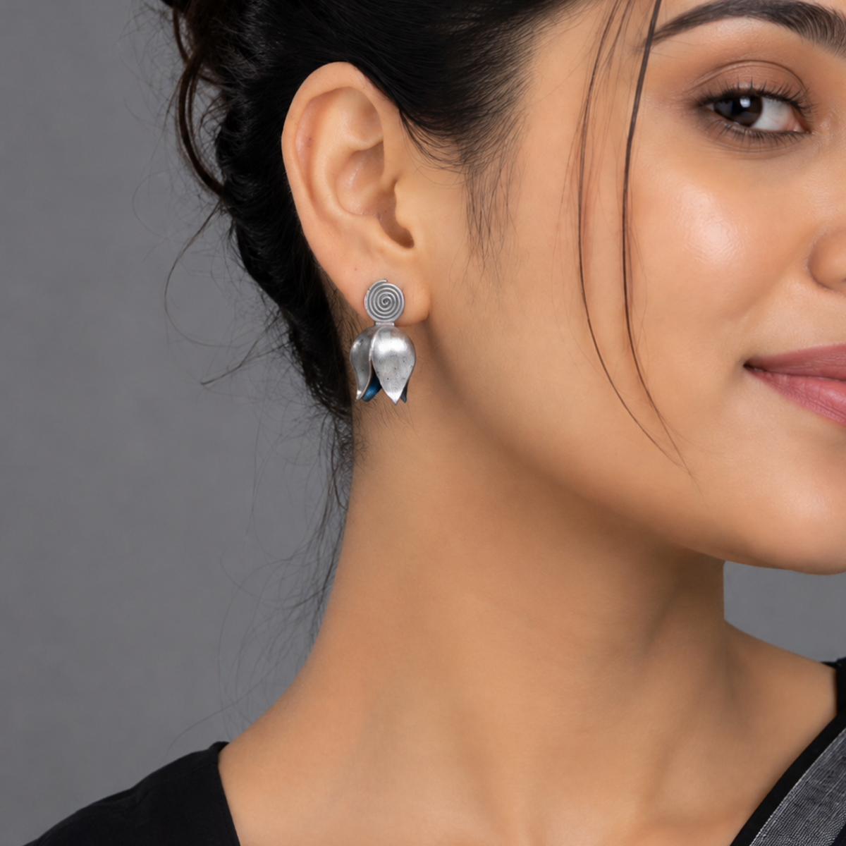 Oxidized Silver Spiral Tulip Stud Earrings | Handmade Floral Bud Earrings