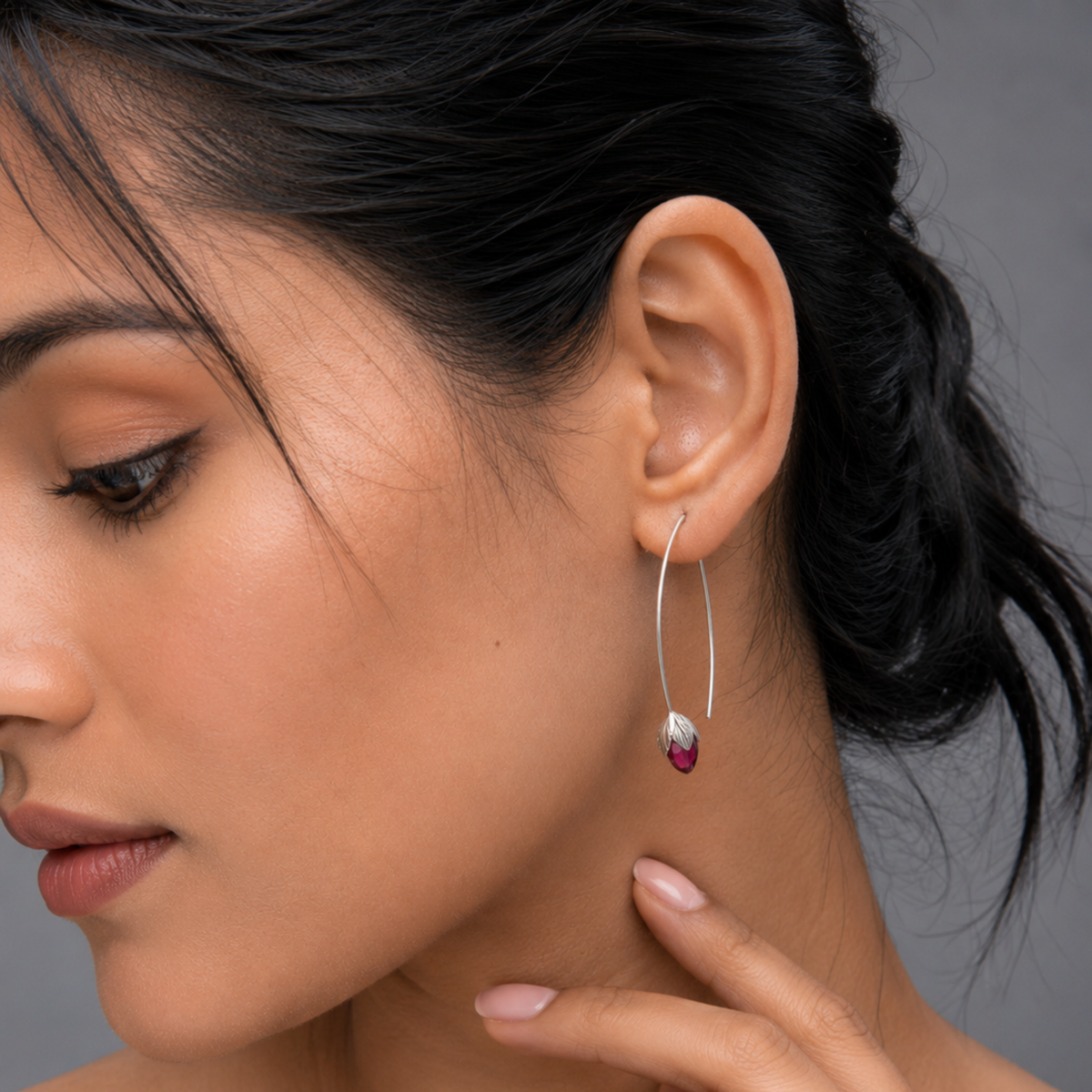 Silver Tulip Wire Drop Earrings with Ruby Red Crystal | Botanical Dangle Earrings