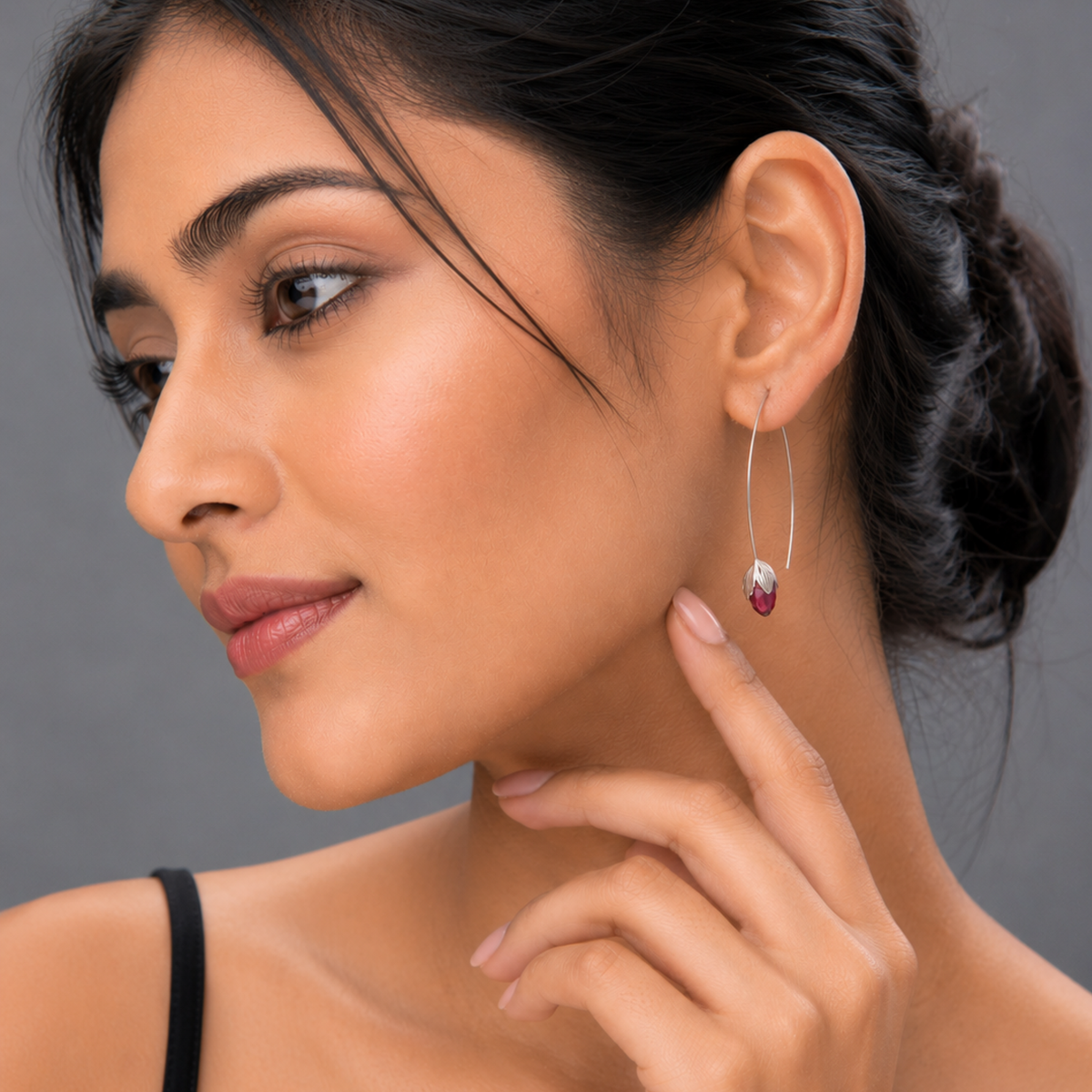 Silver Tulip Wire Drop Earrings with Ruby Red Crystal | Botanical Dangle Earrings