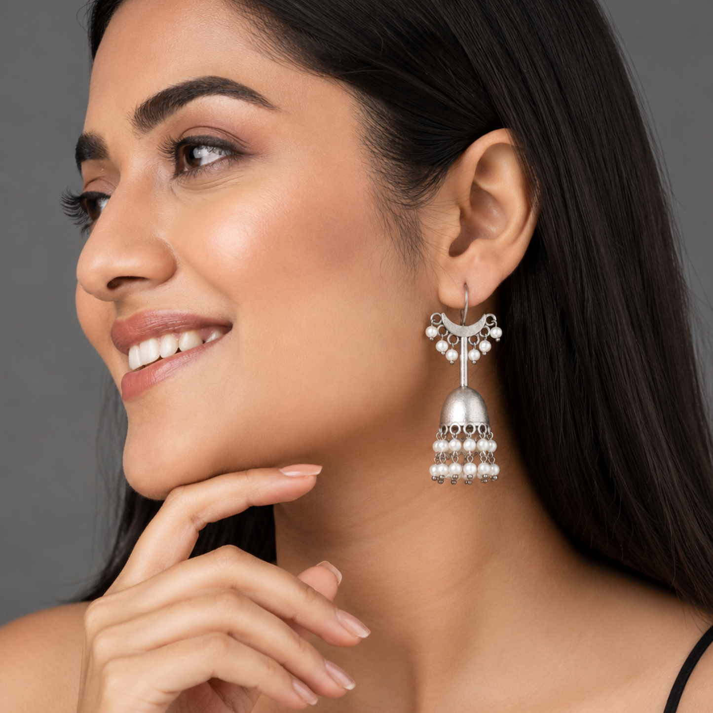 Chandni Oxidized Silver Jhumka Earrings with Pearl Droplets