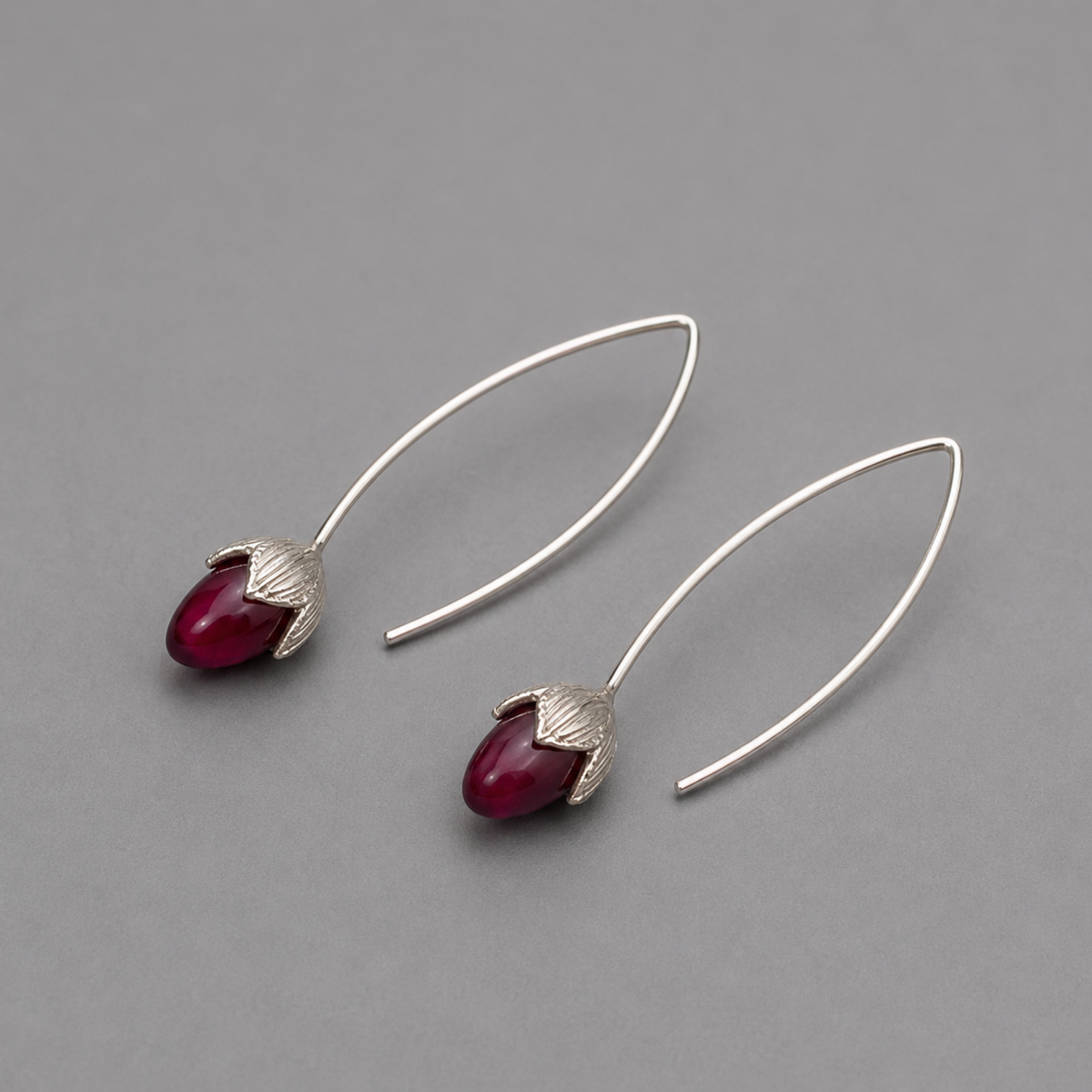 Silver Tulip Wire Drop Earrings with Ruby Red Crystal | Botanical Dangle Earrings